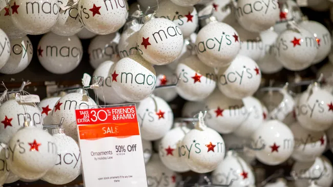 Macy's Christmas balls inside famous Manhattan shop